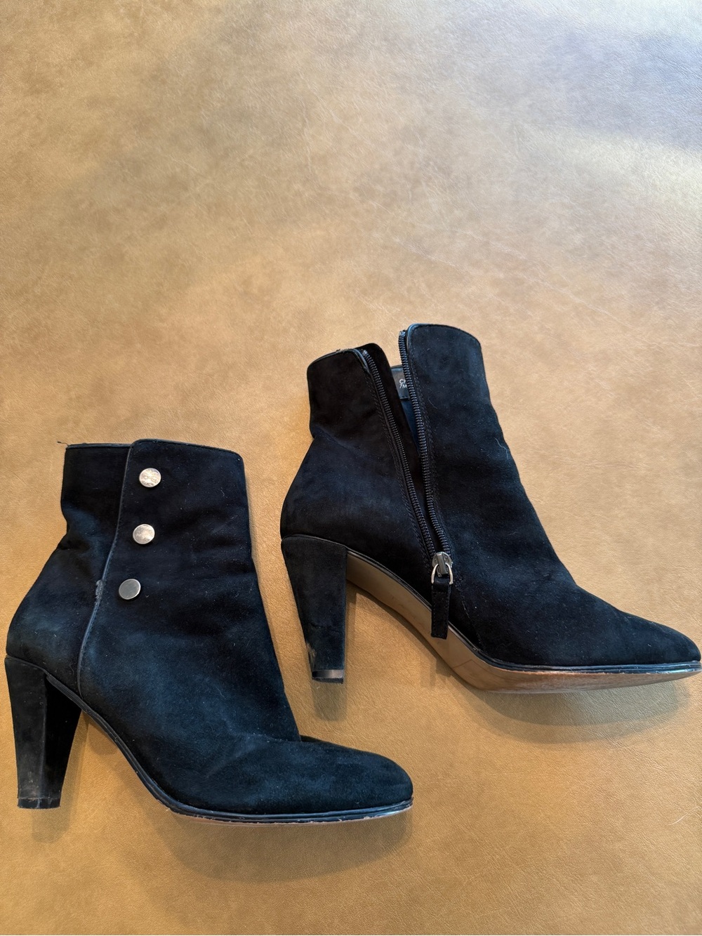 Tahari Black Suede Ankle Booties with Side Buttons